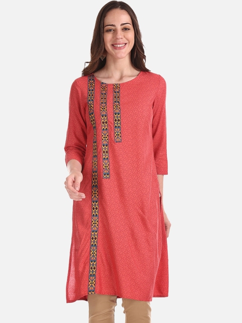 

Karigari Women Coral Red Floral Embroidered Straight Kurta