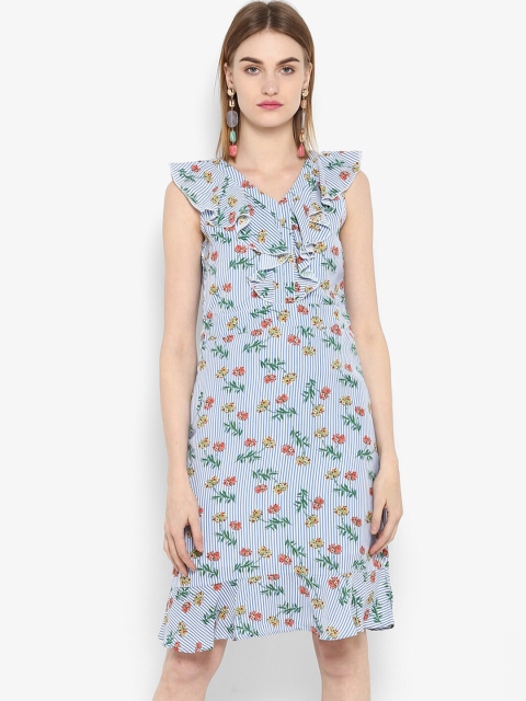 

FOSH Women Blue & White Striped CottonFit and Flare Dress