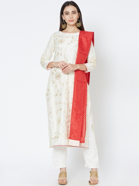 

FASHOR Women Off-White & Red Embroidered A-Line Kurta with Dupatta