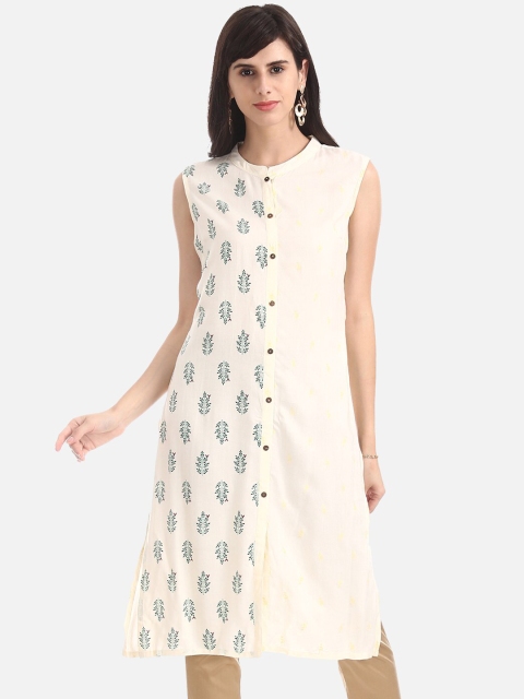 

Karigari Women Cream-Coloured & Blue Printed A-Line Kurta