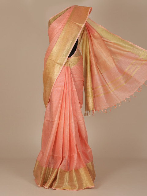 

Pothys Peach-Coloured & Gold-Toned Pure Linen Solid Saree