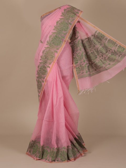 

Pothys Pink & Green Pure Linen Solid Saree