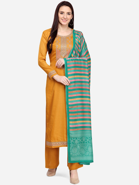 

Stylee LIFESTYLE Orange Silk Blend Pashmina Embroidered Unstitched Dress Material