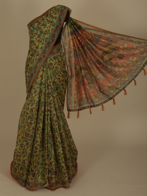 

Pothys Green Cotton Blend Printed Chanderi Saree