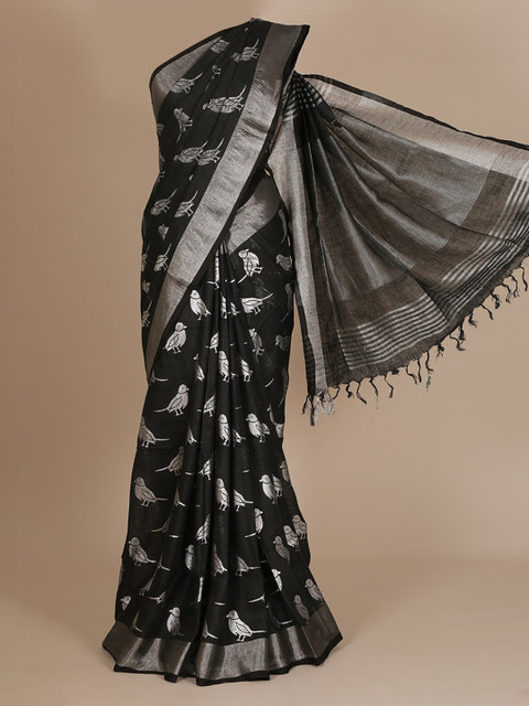 

Pothys Black & Silver-Toned Pure Linen Woven Design Saree