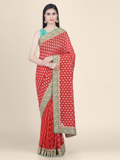 

Hastakala Red & Green Pure Georgette Woven Design Saree
