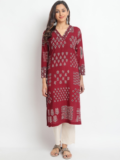 

Molcha Women Maroon & Off-White Printed Straight Kurta