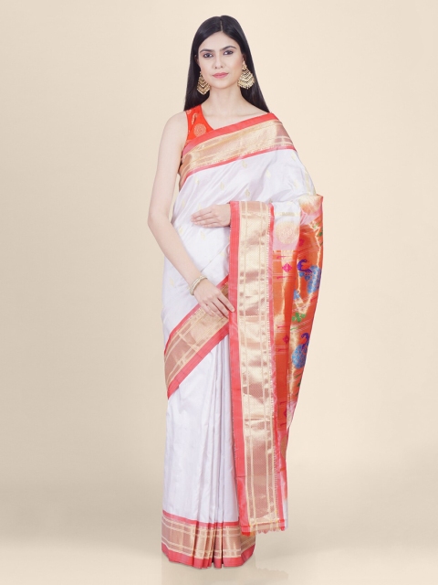 

Hastakala White & Orange Pure Silk Woven Design Paithani Saree
