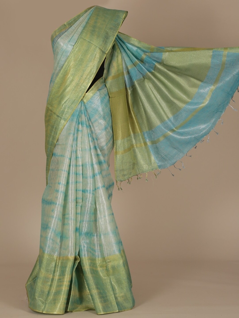 

Pothys Blue & Green Pure Linen Printed Saree