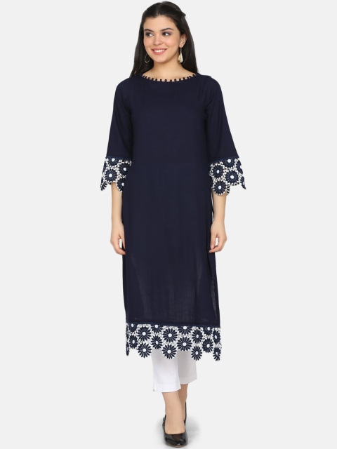 

Ojjasvi Women Navy Blue Solid Straight Kurta