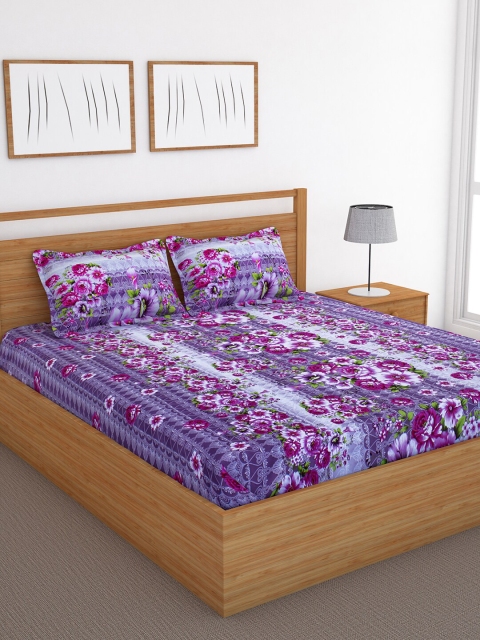 

Bedspun Unisex Purple Floral 120 TC Cotton 1 Queen Bedsheet with 2 Pillow Covers