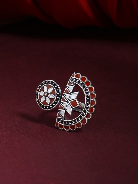 

Voylla Oxidised Silver-Plated Red Enameled Finger Ring