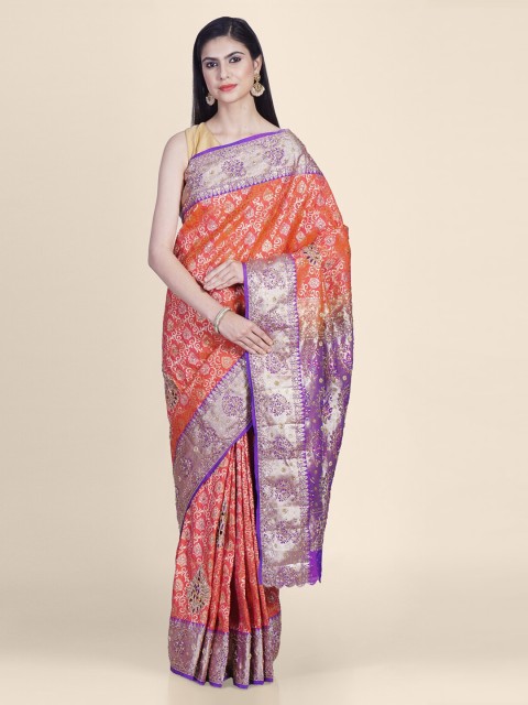 

Hastakala Orange & Purple Pure Silk Printed Banarasi Saree