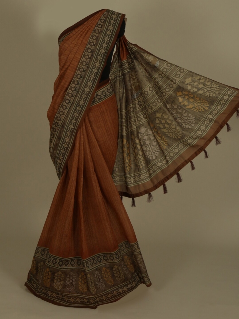 

Pothys Peach-Coloured & Brown Cotton Blend Printed Saree