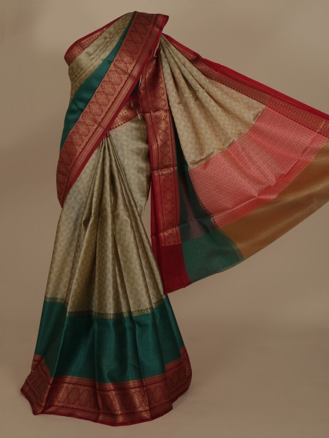 

Pothys Cream-Coloured & Maroon Tanchoi Kora Silk Woven Design Saree