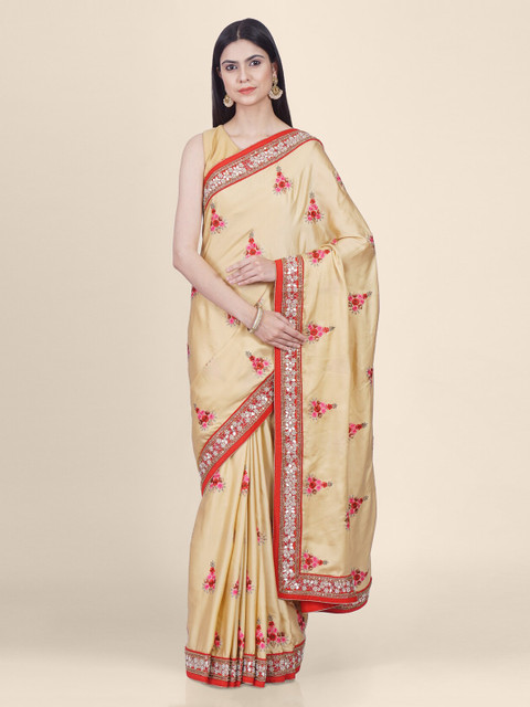 

Hastakala Beige & Red Pure Crepe Embellished Saree