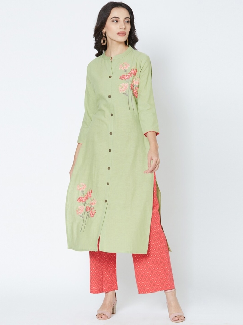 

FASHOR Women Green Embroidered Kurta with Palazzos