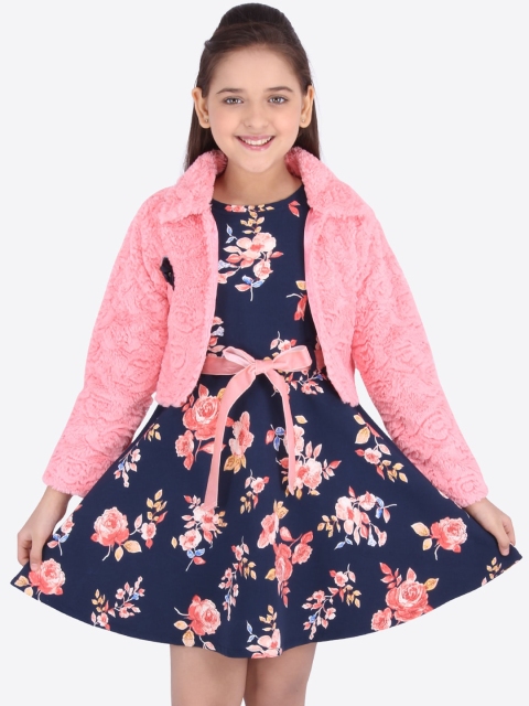 

CUTECUMBER Girls Navy Blue Printed Fit and Flare Dress With Shrug