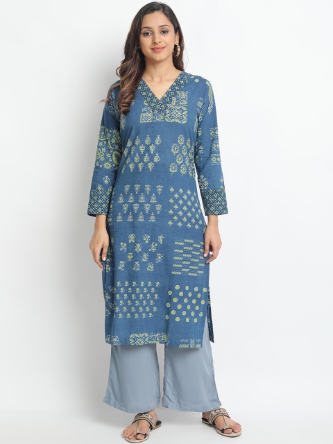 

Molcha Women Blue & Green Printed A-Line Kurta