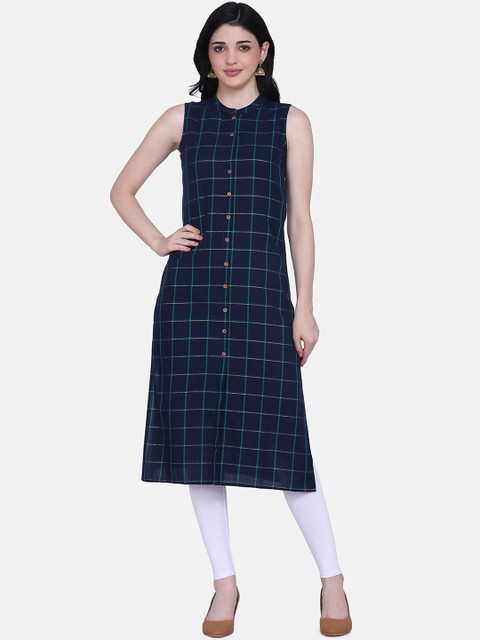 

Saanjh Women Navy Blue Checked Straight Kurta