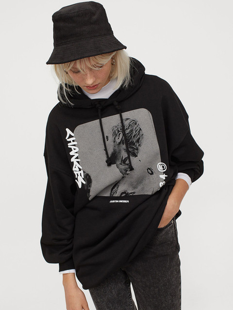 

H&M Women Black Printed Oversized Hoodie
