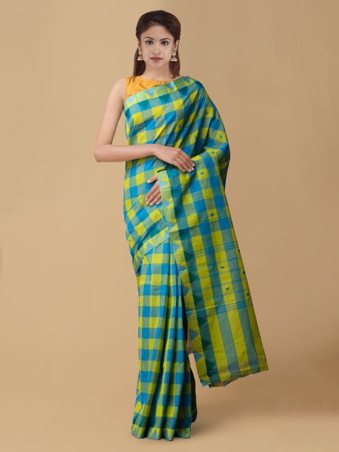

Unnati Silks Blue & Yellow Checked Pure Chittinad Cotton Saree