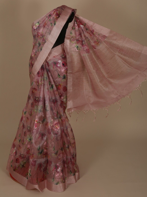 

Pothys Pink & Red Cotton Blend Floral Printed Saree
