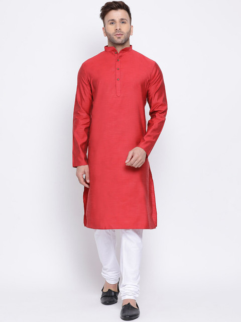 

NAMASKAR Men Red & White Solid Kurta with Churidar