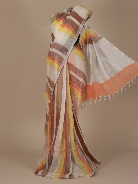 

Pothys White & Brown Pure Linen Striped Saree