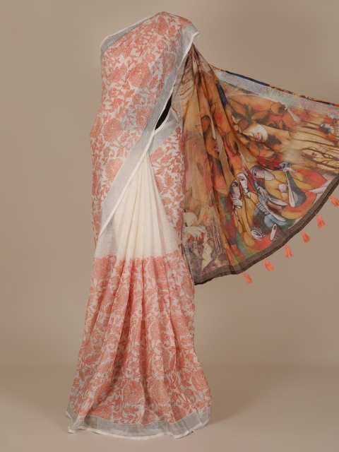 

Pothys White & Red Pure Linen Printed Saree