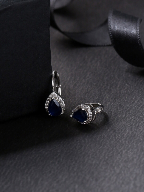 

Voylla Silver-Plated & Blue Teardrop Shaped Hoop CZ Earrings