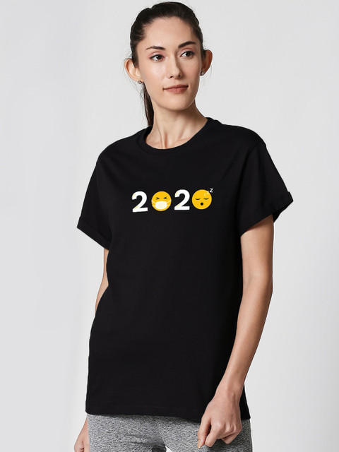 

Bewakoof Women Black & Yellow 2020 Emojis Boyfriend Printed Round Neck T-shirt