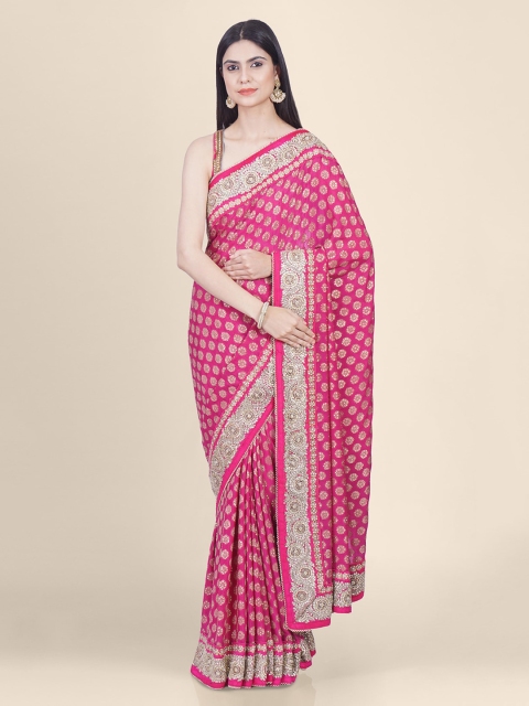 

Hastakala Pink & Gold-Toned Pure Georgette Printed Saree