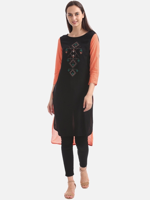 

Karigari Women Black & Orange Printed Straight Kurta