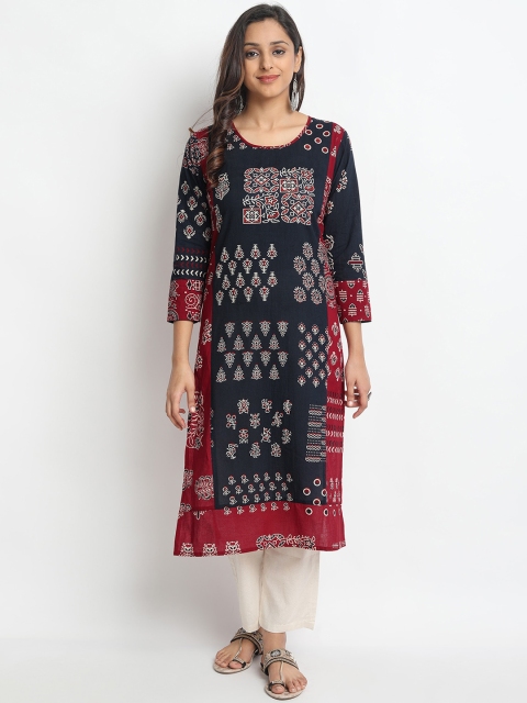 

Molcha Women Black & Maroon Printed Straight Kurta