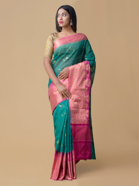 

Unnati Silks Green & Pink Silk Cotton Woven Design Kota Saree