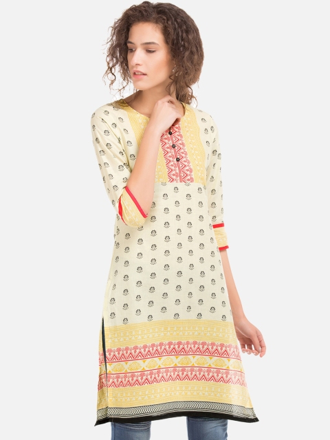 

Karigari Women Yellow & Black Printed Straight Kurta