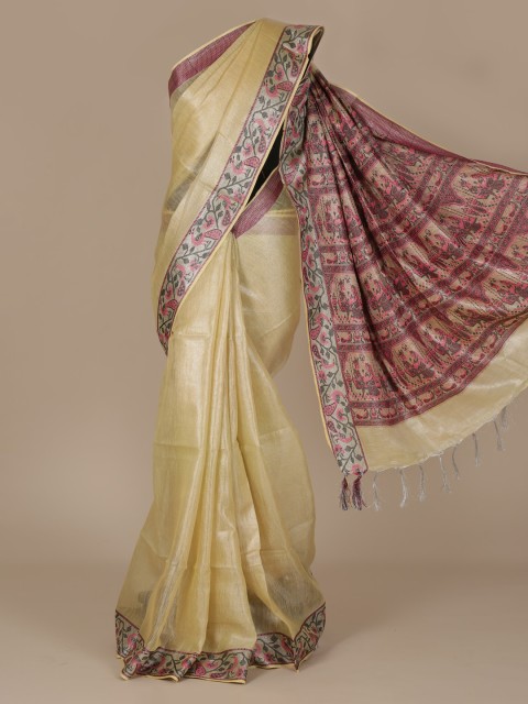 

Pothys Gold-Coloured & Brown Pure Linen Printed Saree