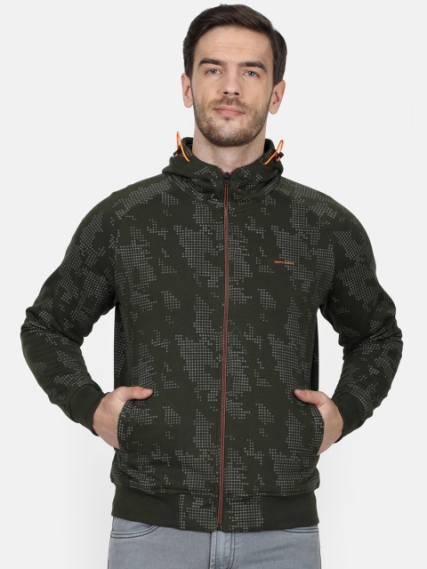 

Monte Carlo Men Olive Green & Grey Printed Hooded Sweatshirt
