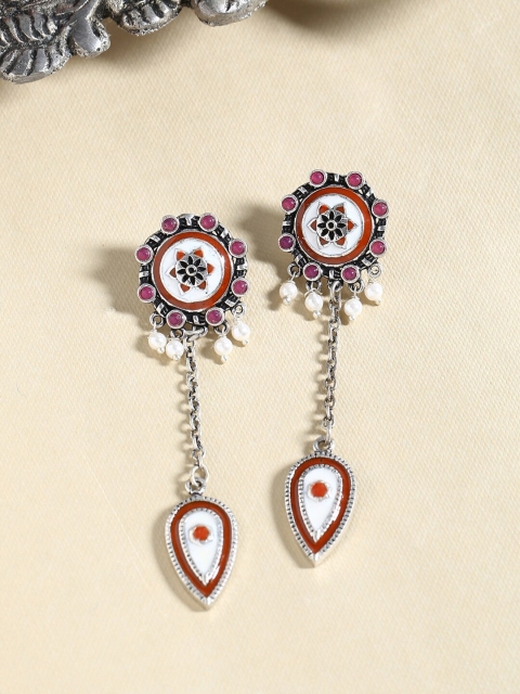 

Voylla Silver-Toned & Brown Floral Drop Earrings