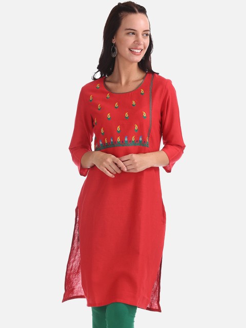 

Karigari Women Red & Yellow Embroidered Straight Kurta