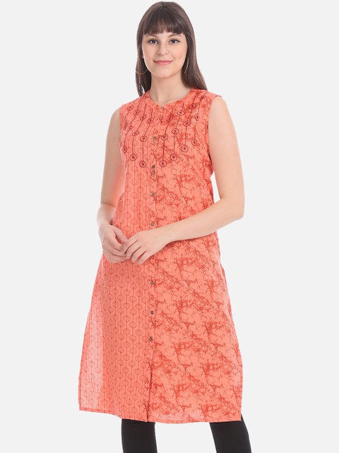 

Karigari Women Orange Printed Straight Kurta