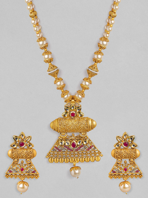 

Rubans 24K Gold Plated Beige & Pink Artificial Stone Studded Handcrafted Antique Filigree Necklace Set