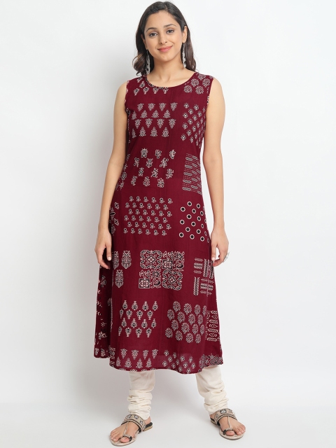 

Molcha Women Maroon & Off-White Woven Design A-Line Kurta