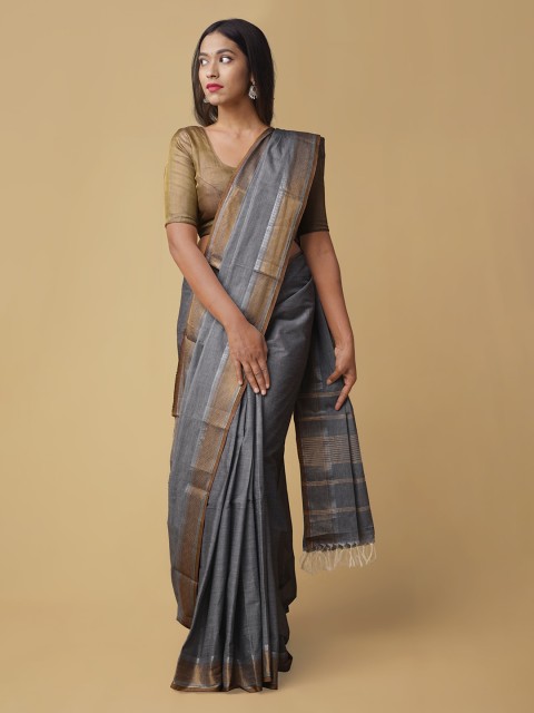 

Unnati Silks Grey & Brown Pure Cotton Striped Kanjeevaram Handloom Saree