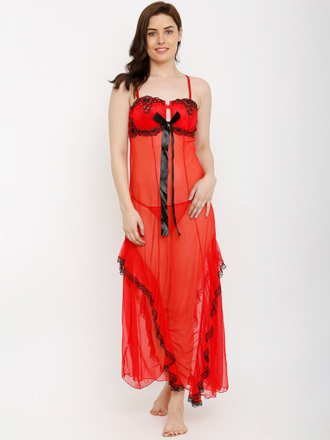 

Heart 2 Heart Women Red & Black Embroidered Baby Doll With Thongs BD12028NRFR
