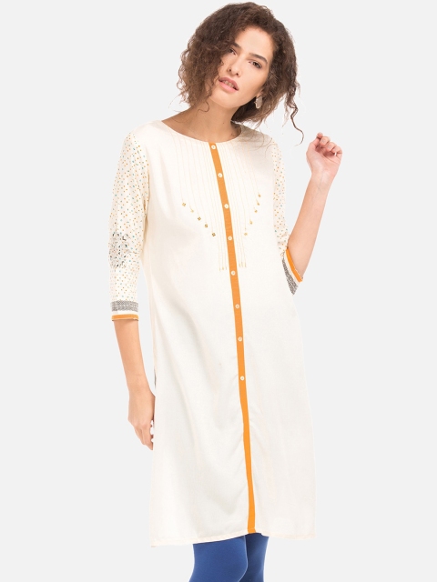 

Karigari Women Cream-Coloured Embroidered Straight Kurta