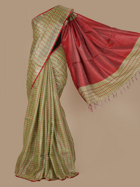 

Pothys Green & Pink Pure Linen Checked Saree