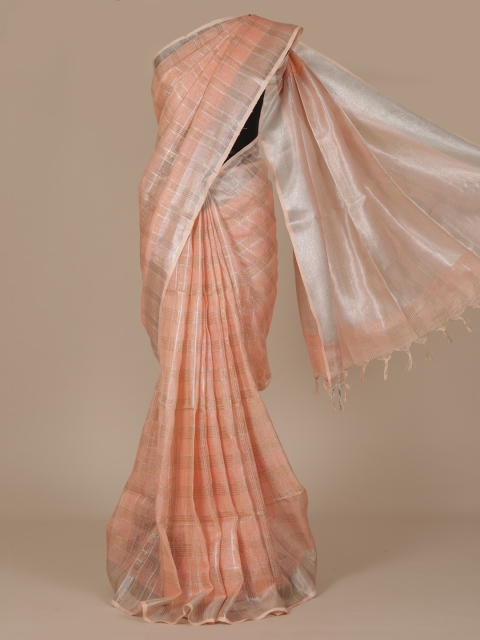 

Pothys Peach-Coloured & Gold-Coloured Pure Linen Striped Saree