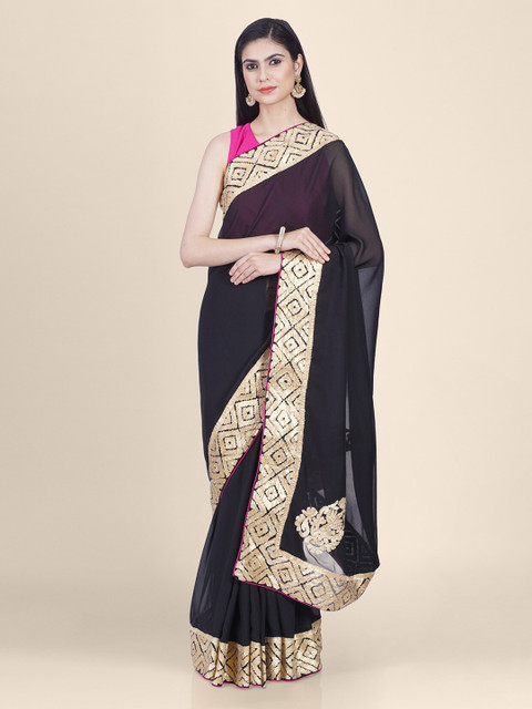 

Hastakala Black & Gold-Toned Pure Georgette Solid Saree